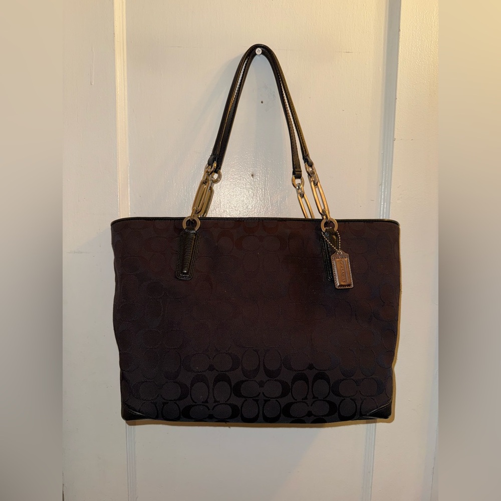 Large black canvas coach tote shoulder bag